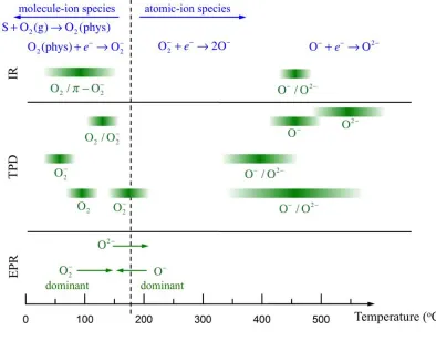 Figure 1.5: Oxygen species adsorbed on the SnO2frared (IR) analysis, temperature programmed desorption (TPD), electron paramagnetic resonance surfaces analyzed with different methods: in-(EPR)
