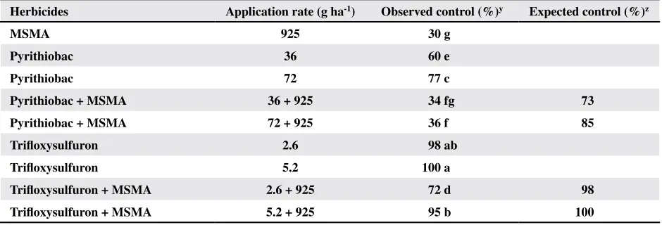 Table 3. Control of glyphosate-resistant soybean 30 days after application of pyrithiobac or trifloxysulfuron alone and mixed with MSMA in experiment 1