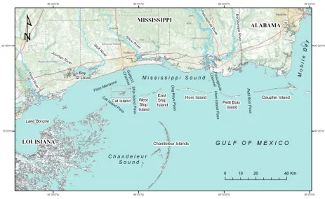 Figure 1. Map of the Northern Gulf of Mexico and Mississippi Sound. Study area is within red dashed line