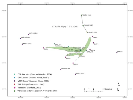 Figure 10. Locations of vibracores (Barnhardt, 2003; Otvos, 1986; Velardo, 2005) and well borings (Brown et al., 1944; Otvos, 1985 b) acquired during previous studies on and around Cat Island, MS