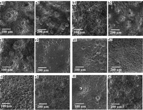 Figure 11. FESEM images of membrane surface after abrasion test. (1) Silicon carbide 400, (2) Silicon carbide 325, (a) Neat HDPE membrane, (b) 2.5 wt