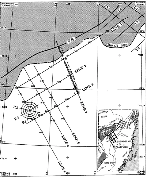 Fig. 1. Location of the OBS-proﬁles acquired during the survey in 1992. The local data presented in this paper were acquired along a part of Line 7