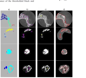 Fig. 4  The principle of proposed RG method for image no. 13 from CBCT 1, CBCT 2, MRI 1 and MRI 2 3D image dataset showing  a) initial segmentation, b) location of all regions on an image, c) selected region with its initial seed for RG method,  d) segmented image using proposed RG method outlined in red line