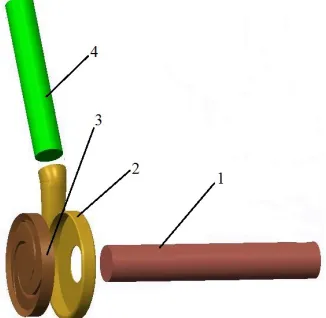 Fig. 4.  Computational domain of model pump with K0;  1 inlet extension; 2 volute 3 impeller; 4 outlet extension
