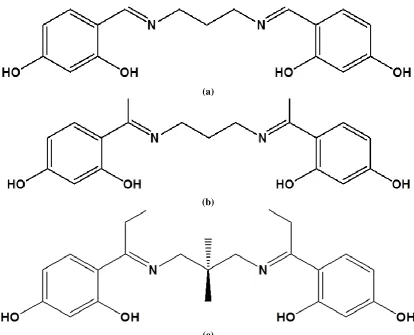 Fig. 1. The chemical structure of the imine compounds: a) DHBP, b) DHAP, and c) DHPP 