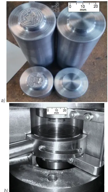 Fig. 2.  a) Upper and lower die and b) their position in a holder