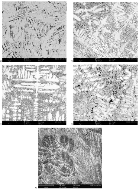 Fig. 11.  SEM micrographs taken from the mid-section of the HWSL no.: a) H1; b) H2; c) H3; d) H4; e) H5