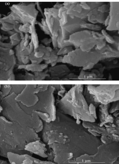 Figure 2. SEM images, a) Graphite source from Daejung (G-D), b) Synthesized GO from graphite source of Daejung (GO-D).Fig
