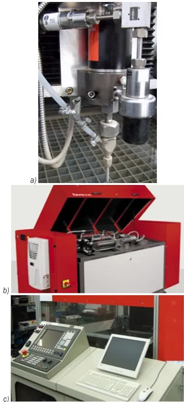 Fig. 2.  Test rig: a) cutting head, b) high pressure intensifier,  and c) control module