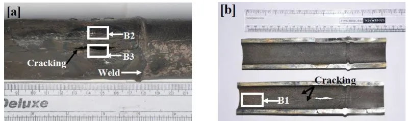 Fig. 5.  Macro image and sampling location from damaged tube A: a) cracking over surface, b) bulged region, c) inner surface of tube,  and d) inner surface of bulged region