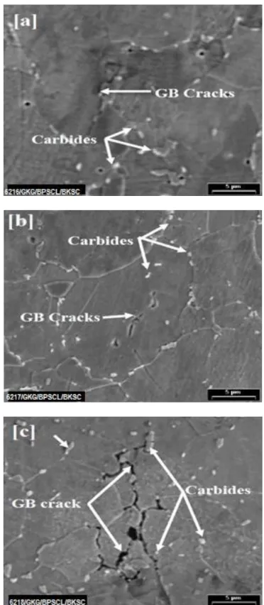 Fig. 8.  SEM micrographs of transverse section of damaged tubes: a) sample A2, b) sample A3, and c) sample B2; g.b