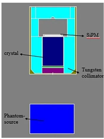 Fig 2. A snapshot of the gamma probe geometry and a Co-57 source, simulated using the MCNP 4C code