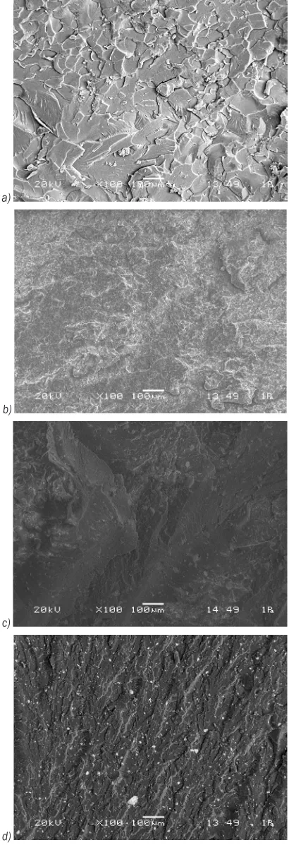 Fig. 8.  Fracture surfaces of tensile test specimens, a) Pure epoxy, b) 20 wt% Al2O3 filled, c) 20 wt% TiO2 filled, and d) 5 wt% nano TiO2 filled