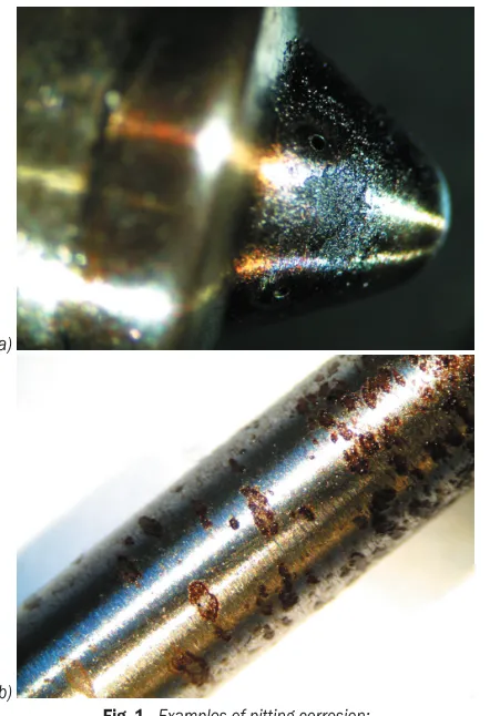 Fig. 1.  Examples of pitting corrosion;  a) Bosch fuel injector nozzle tip, and b) Denso needle