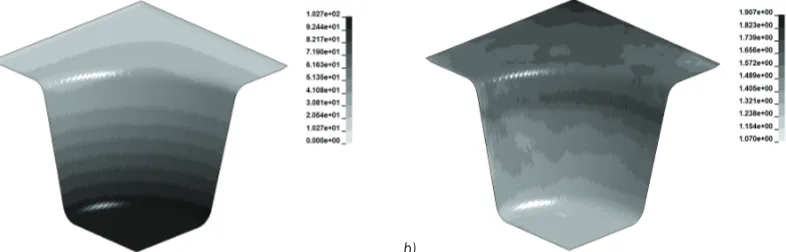Fig. 10.  a) the wall thickness and b) resultant displacement distribution results obtained using Ls-Dyna software for a 2 mm PS sheet using the conical thermoforming mould