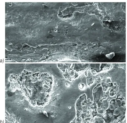Fig. 11.  a) I = 2 A, b) I = 10 A (WS = 550 RPM, DC = 0.80, TInfluence of current on PMEDDSG-generated surface;  on = 300 µs,  PC = 5 gm/l of Al Powder)