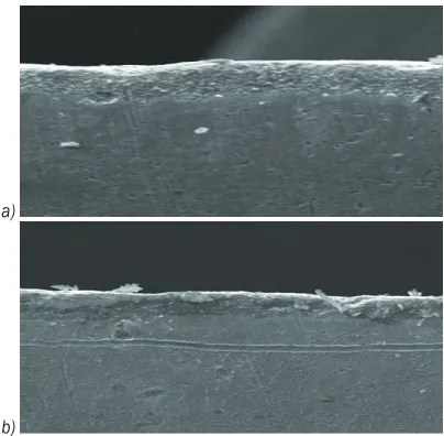 Fig. 17. Influence of pulse on-duration on PMEDDSG-generated surface; a) Ton = 200 µs, t = 30 µm, b) Ton = 300 µs, t = 41 µm  (I = 6 A, DC = 0.80, WS = 550 RPM, PC = 5 gm/l of Al powder)