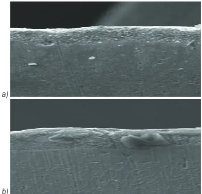 Fig. 19. Influence of duty cycle on PMEDDSG-generated surface;  a) duty cycle = 0.80, t = 30 µm, b) duty cycle = 0.85, t = 39 µm  (I = 6 A, Ton = 200 µs, WS = 550 RPM, PC = 5 gm/l of Al powder)