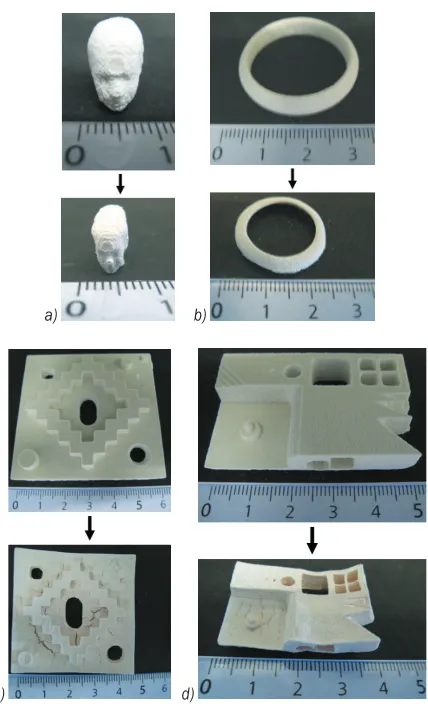 Fig. 7.  Green part after SLS®; a) camera image, b) 3D microscope cross-sectional image and c) BSE-SEM cross-sectional image