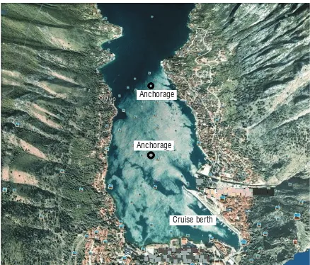 Fig. 1.  Location of berth and anchorages in Kotor Bay