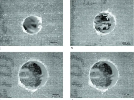 Fig. 9.  View of exit side of the drilled GFRP samples machined by: (a) 4 mm drill, (b) 6 mm drill, (c) 8 mm drill  and (d) 10 mm drill