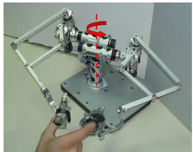 Fig. 8.  2-finger haptic device; the user inserts the thumb and index finger in the corresponding thimbles in order to perform virtual object manipulation; the redundant axis significantly increases the device workspace