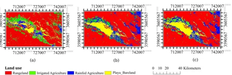 Fig. 3. Land uses classified by (a) SL30-NN3 (b) Maximum Likelihood Classifier (MLC) and (c) Fuzzy- MLC 