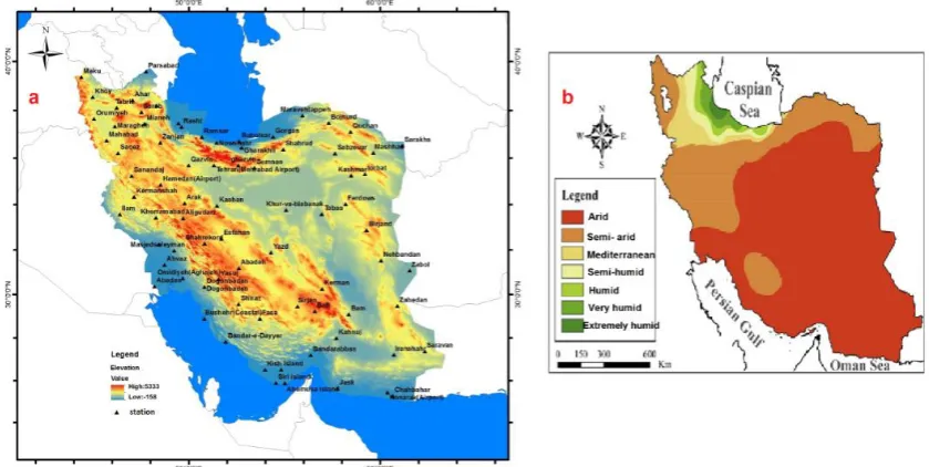 Fig. 1. a) Topographic map and weather stations of the study area. b) the  climate classification of Iran based on De Martonne climate type (1966- 2005) (Tabari et al., 2014) 