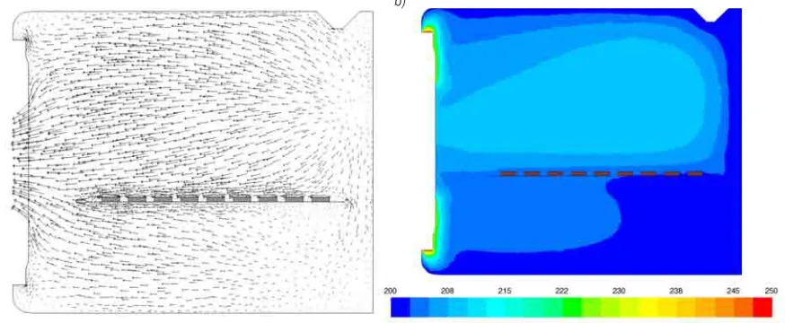 Fig. 11. Velocity distribution in the plane 10 mm above the tray for a) model 1 and b) model 2