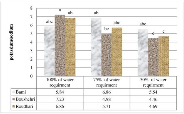 Fig. 4. Means comparison of the interaction between irrigation and ecotype on potassium/sodium of Lawsonia inermis 