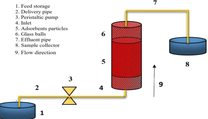 Fig. 1. Schematic diagram for fixed bed column system: (1) feed storage, (2) delivery pipe, 3) peristaltic pump, 4) inlet, 5) adsorbent particles, 6) glass balls, 7) effluent pipe, 8) sample collector, and 9) flow direction