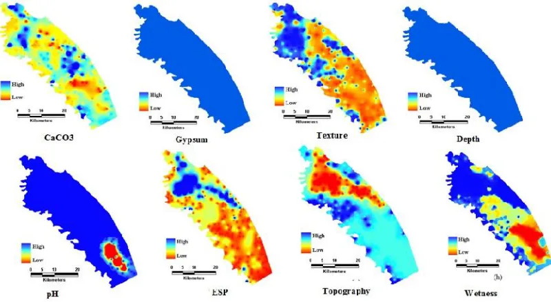 Fig. 3. Fuzzy maps for each parameter for determining land suitability for barley