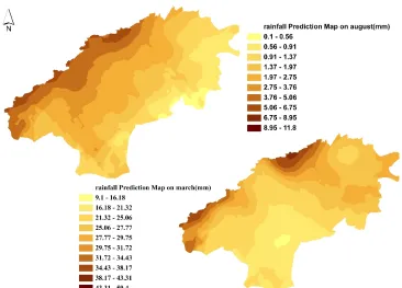 Fig. 5. Rainfall prediction map for the driest (August) and wettest (March) months 