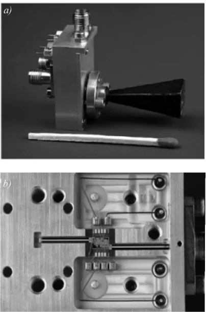 Fig. 6. Radar module for monitoring of GIT process, a) flanged horn antenna, b) inside view of the radar module