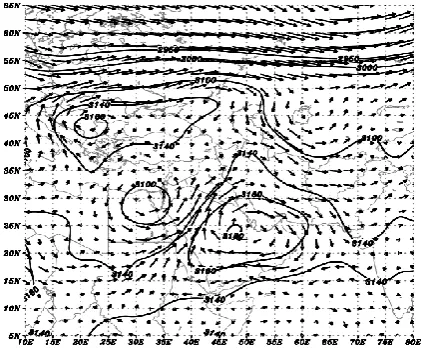 Fig. 15. The pattern of geopotential height and wind field at 700 hPa level at 15:30 of October 30, 2013 