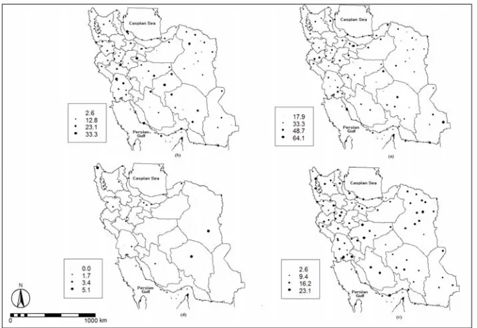 Fig. 5. Geographical distribution of drought frequency for severe, moderate, and mild categories along with normal category of  SIAP in Iran 