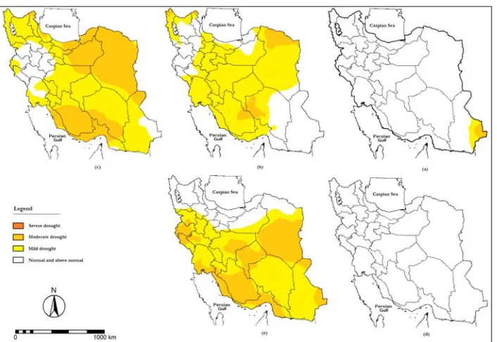 Fig. 6. Spatial distribution of SIAP drought classes over Iran: a) 1968-1969, b) 1969-1970, c) 1970-1971, d) 1971-1972, and e)  1972-1973  