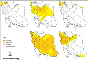 Fig. 8. Spatial distribution of SIAP drought classes over Iran: a) 1995-1996, b) 1996-1997, c) 1997-1998, d) 1998-1999, and e)  1999-2000 