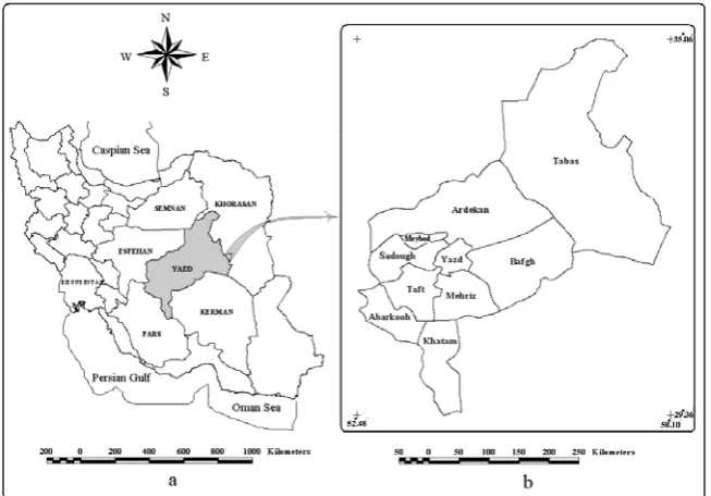 Fig. 1. Location map of the study area; a) Iran’s map; b) Yazd’s map 