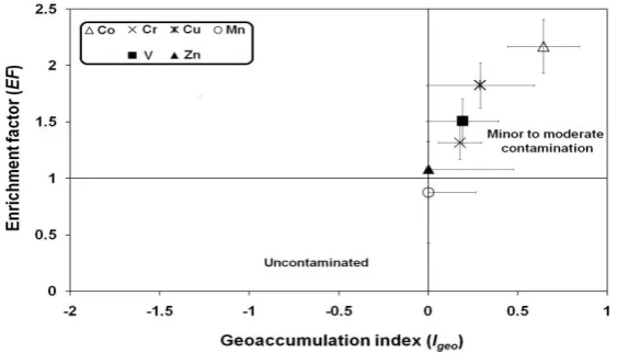 Fig. 4. Average enrichment factor plotted against average geoaccumulation index with respect to average sediment as the background