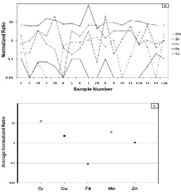 Fig. 2. Plot showing heavy metal contaminated water chemistry of the Kolleru Lake. The normalized and average normalized ratios of some toxic trace metals in the water samples of the Kolleru Lake are plotted for (a) individual sampling site and (b) the ent