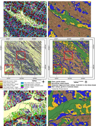 Fig. 7. Morphometric features (left) and general landform maps (right) produced by SOM