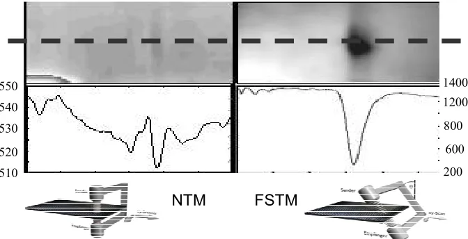 Fig. 5.  C-Scan images (top) and amplitude distributions across the images (bottom) for a surface breaking crack in polycarbonate measured in normal and slanted transmissions 