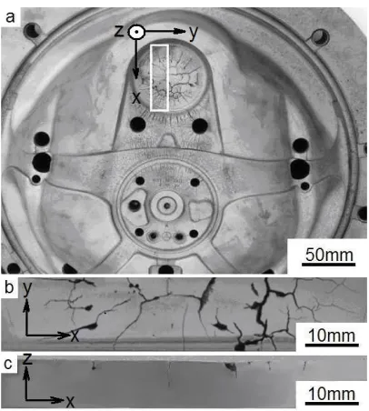 Fig. 2. specimen was cut out from the dieview of the surfacea) White rectangle shows where the , b) a detailed , c) a cross section of the specimen 