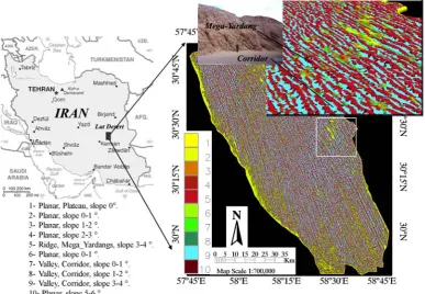 Fig. 9. Morphometric features map using SOM with DEM-90 in Lut desert with 3D zoom sample and field image