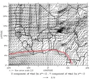 Fig. 5. The near surface winds tream lines, showing the long-term daily surface positions of ITD for (a) November, (b) December, (c) January, (d) February, and (e) March; over land in West Africa 