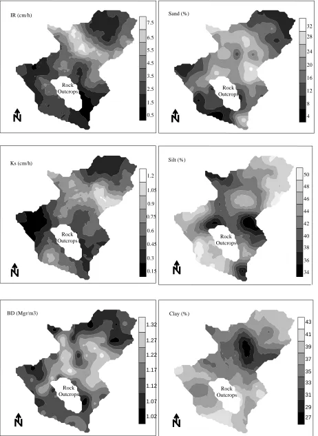 Fig. 3. Kriged maps of different soil hydrau-physical properties 
