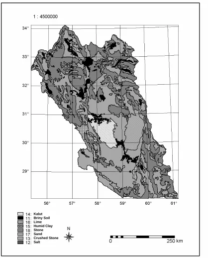 Table 3. The area pertaining to each class of surface soil material in Lut Desert
