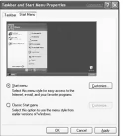 Figure 2-11:  The Start menu and Classic Start menu options here are mutually exclusive, as indicated by the option buttons