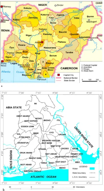 Fig. 1. Maps showing (a) location of Akwa Ibom State in Nigeria and (b) Akwa Ibom State 